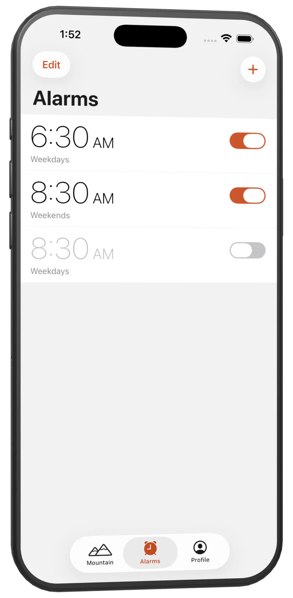 Bouldy alarms screen — daily alarms that ring through silent mode