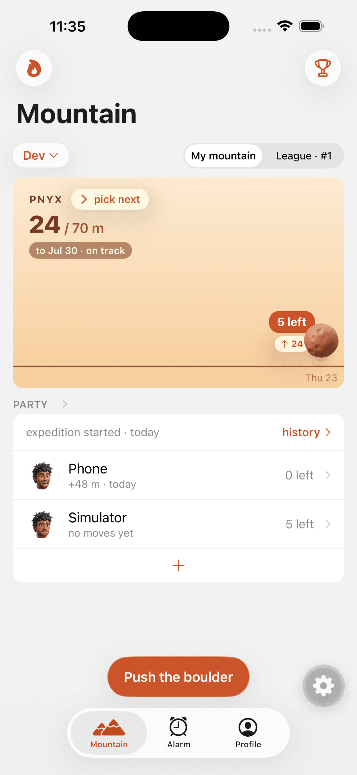 Bouldy app — the party's boulder climbing the mountain
