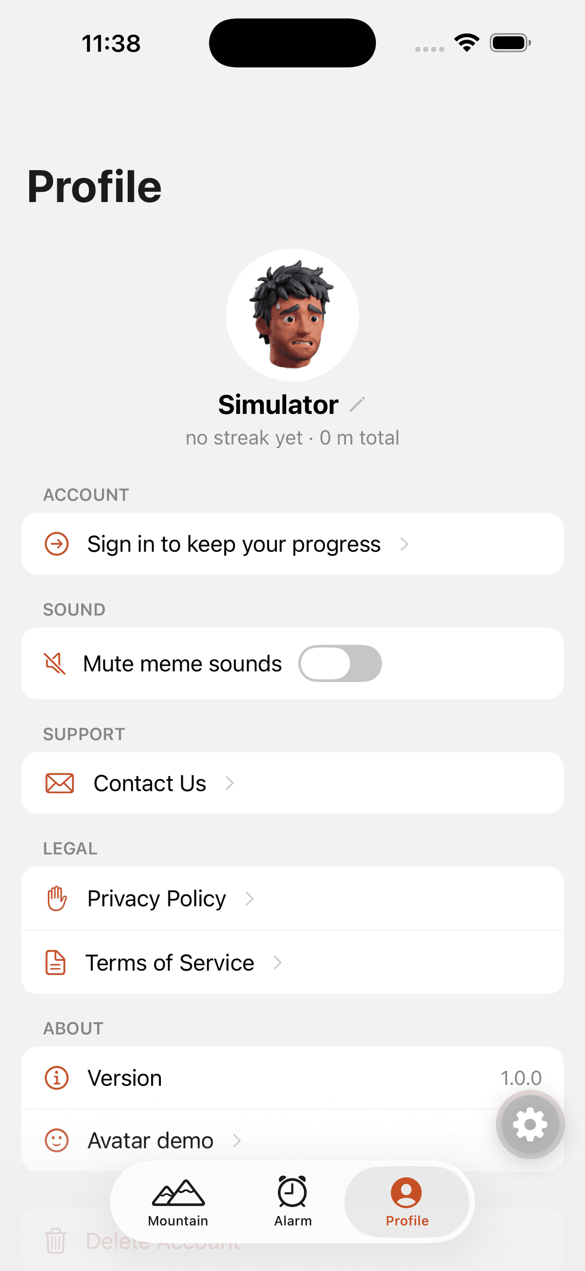 Bouldy profile — a clay climber avatar with streak and account