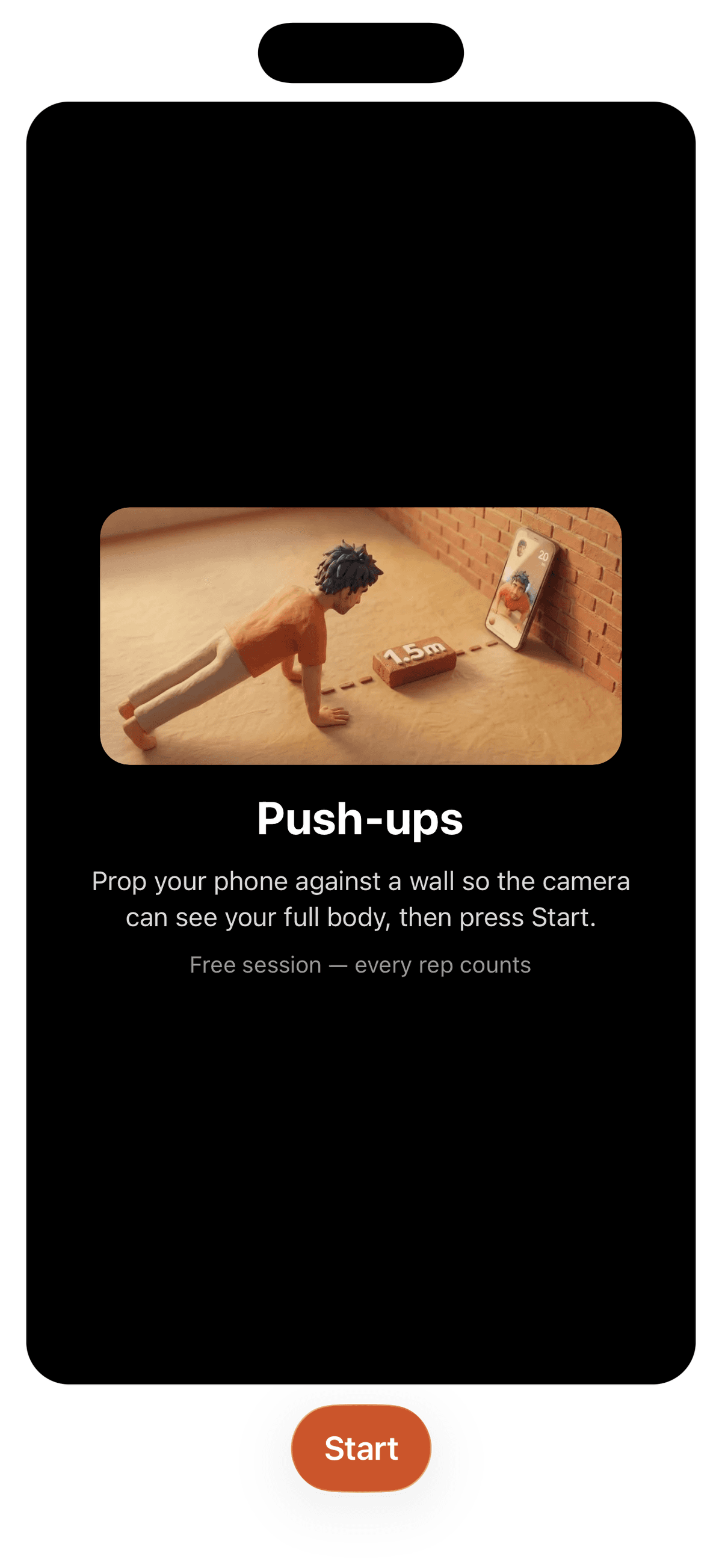 Bouldy push-up session — a clay figure doing push-ups while the phone counts reps